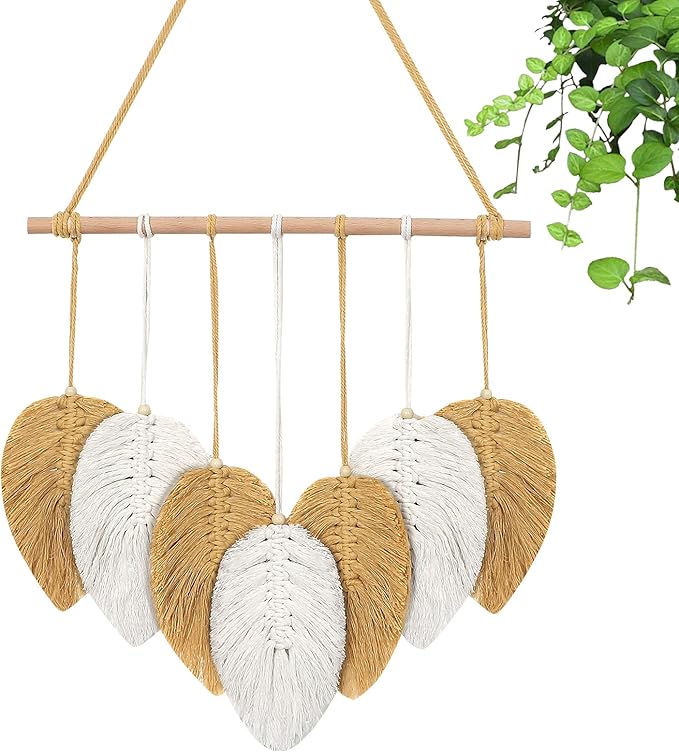 Weldomcor Tapiz de Pared Tejido, Tapiz de Macramé de Plumas Boho Hoja Hecho a Mano Decorac