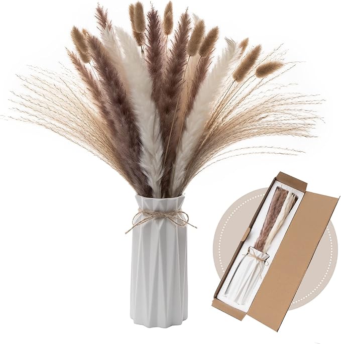 Pampas Secas Decoracion con Jarrón Incluido, 44 Piezas Pampa Naturales Blancas y Marrones,