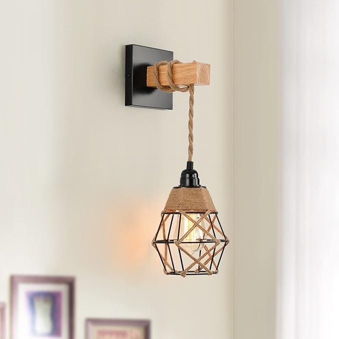 Lámpara de pared de aplique en ratán, lámpara de pared con cable de 1,6 m, pantalla vintag