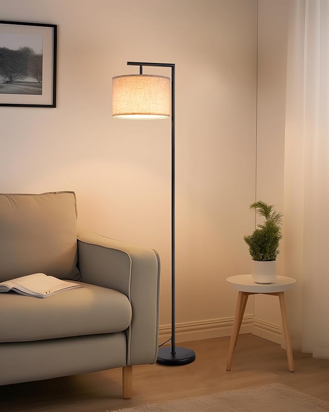 EDISHINE Lámpara de Pie Minimalista con Pantalla de Lino Beige, Casquillo E27, Compatible 