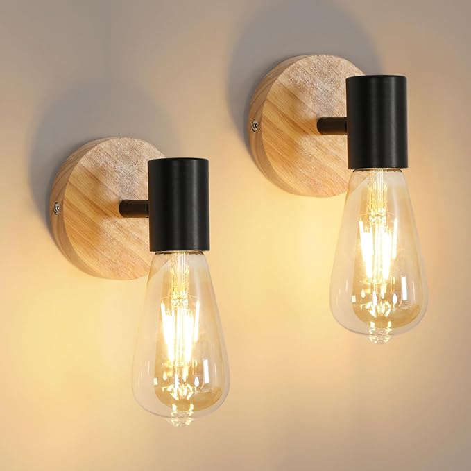 Comely 2 Piezas Aplique de Pared Vintage Madera Interior, Lámpara de Pared Industrial de M