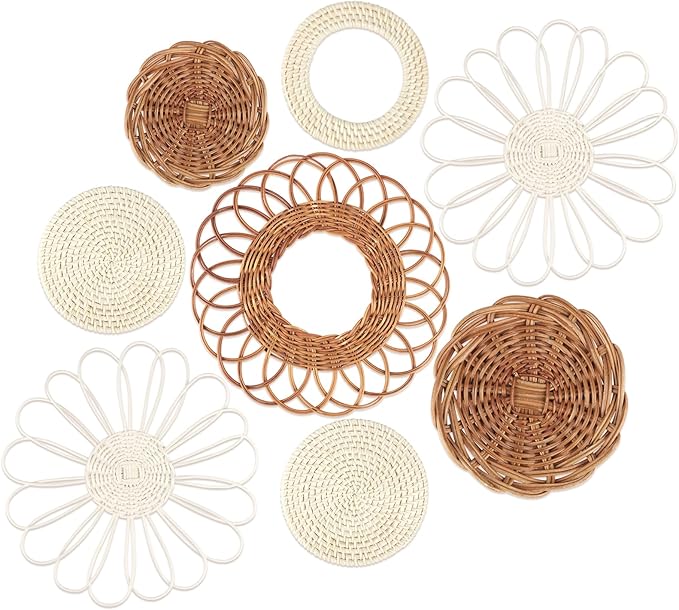 YIYA Juego de 8 Cestos Mimbre Decoración Pared Cestas de Ratán para Pared Decoración Bohem