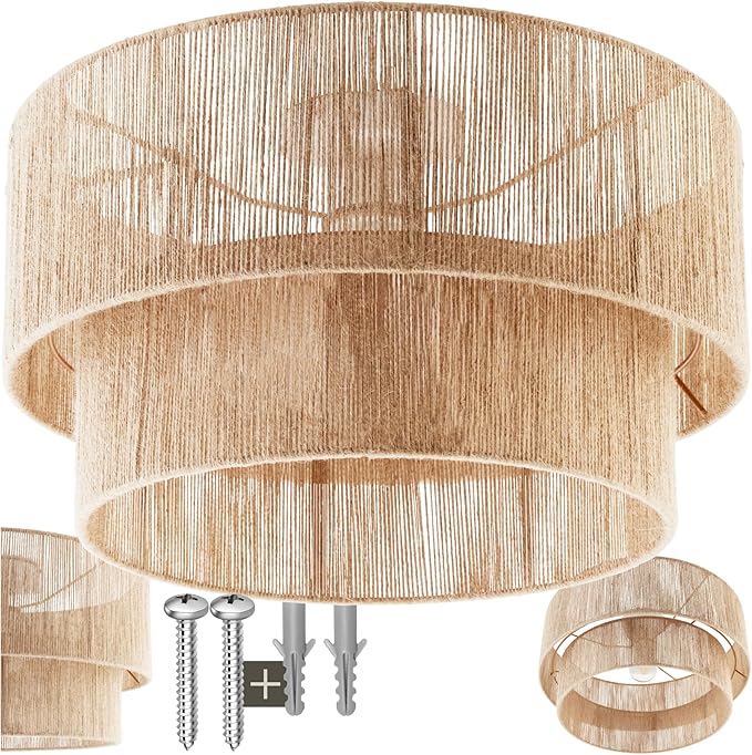 tectake® Lampara Techo Dormitorio Boho Artesanal en Yute Sostenible con Estructura de Acer
