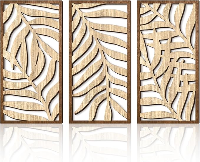 Rongxze Juego de arte de pared de madera nórdica, 3 decoración pared con patrón de hojas (