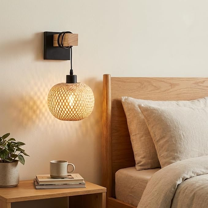 BARCELONA LED Aplique de Parede em Mimbre e Madeira Natural com Base em Metal Preto, Estil